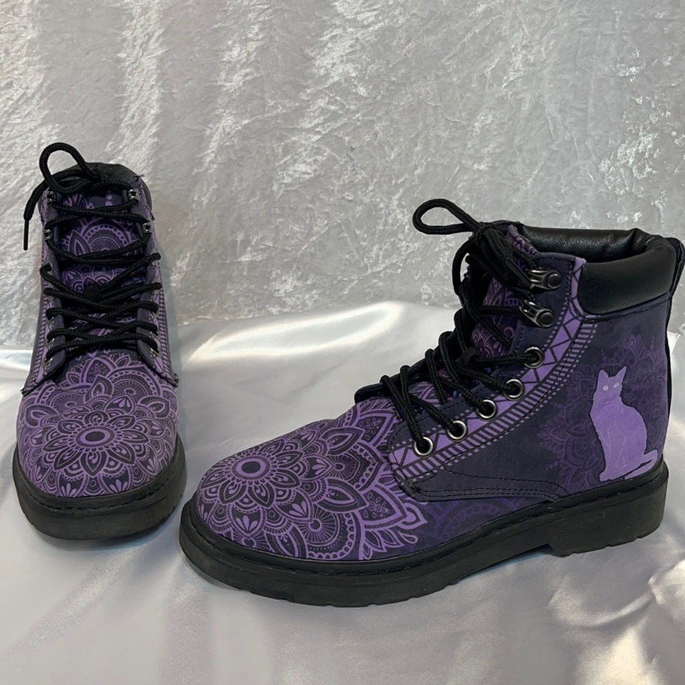 Purple Cat Boots with Mandala Pattern